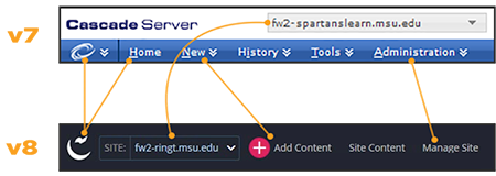Differences between Cascade 7 and Cascade 8 main navigation